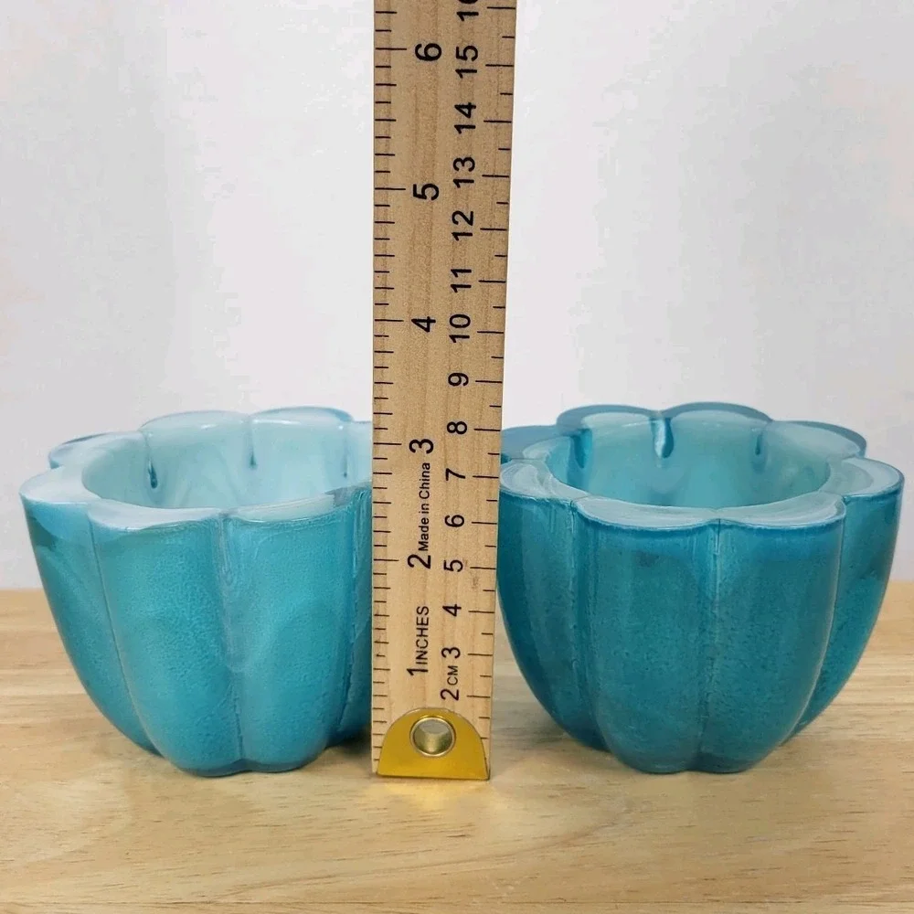 Teal Glass Votive Holders Flower Shape Swirl GlassDecorative Bowl Coastal MCM‎
